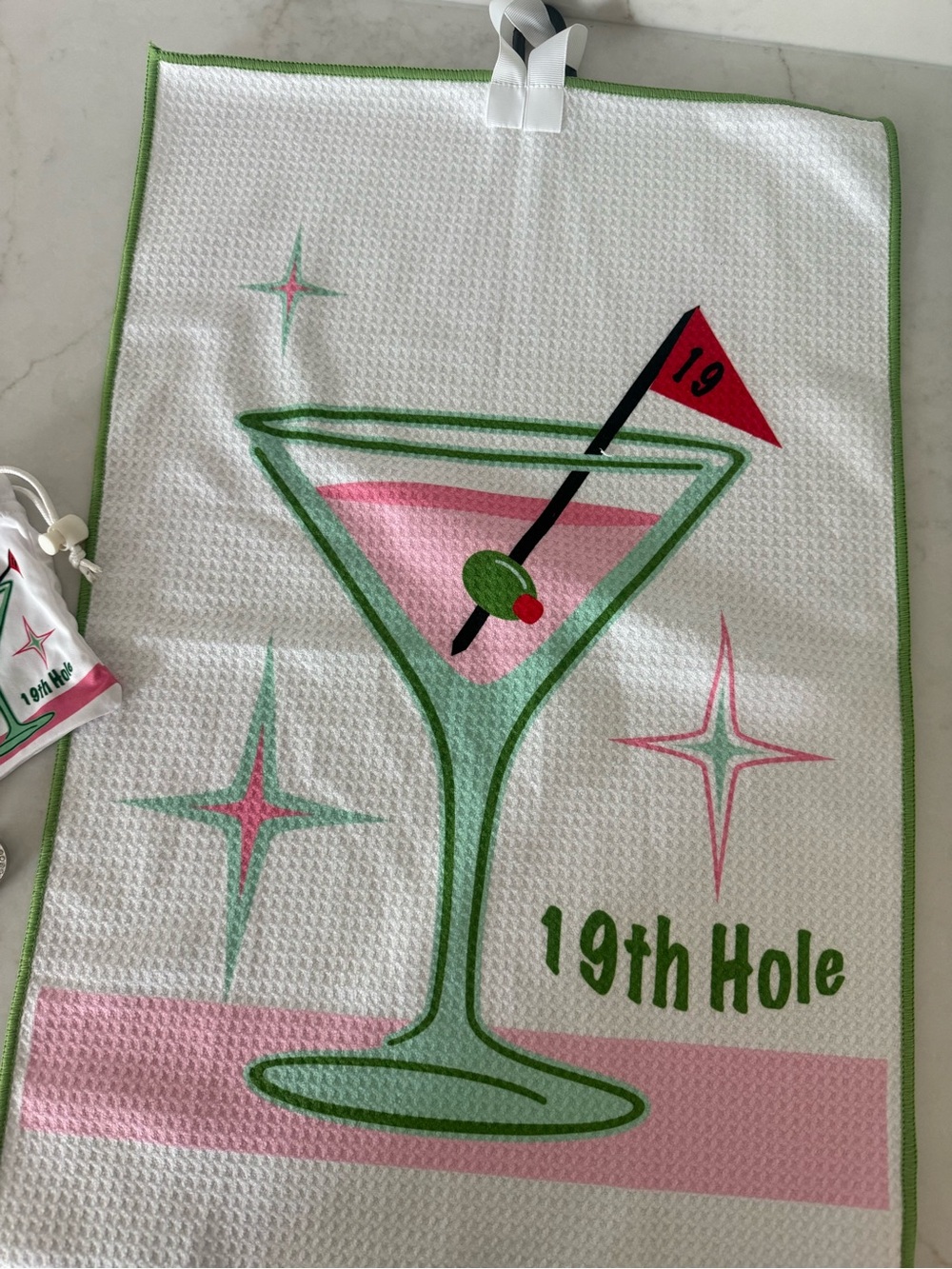 19th Hole Martini Golf Towel with Pouch - Green & Pink - Picture 4 of 9